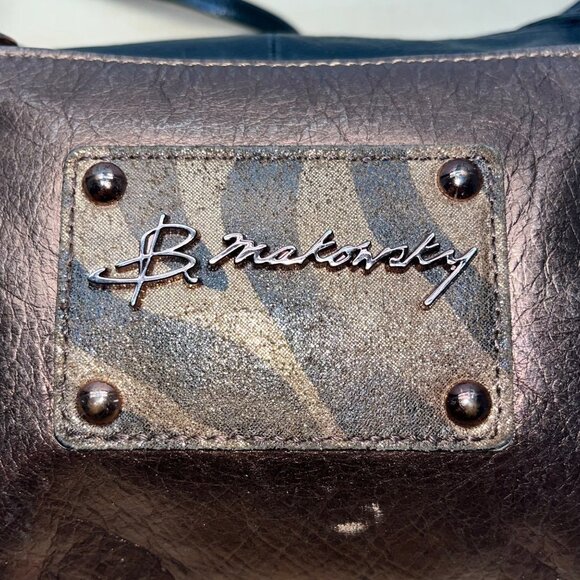 B. Makowsky Women’s Black & Bronze Leather With Fringe Zippered Crossbody Bag - Picture 6 of 15